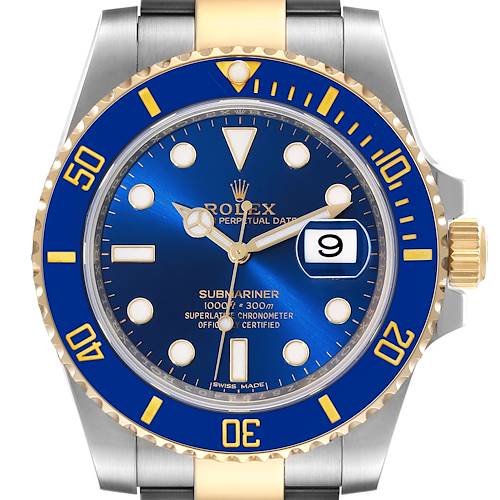 The image shows a Rolex Submariner 116613 Men's Steel and Gold (two tone) Blue Dial 116613 Men's Steel and Gold (two tone) Blue Dial watch with a frontal view, displaying its blue dial, date window, and blue bezel with gold accents.