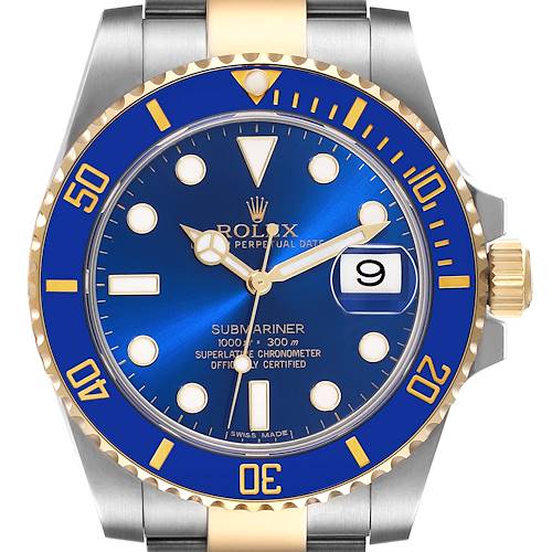 The image shows a front-facing angle of a Rolex Submariner 116613 Men's Steel and Gold (two tone) Blue Dial 116613 Men's Steel and Gold (two tone) Blue Dial watch, highlighting the dial, bezel, and part of the bracelet.