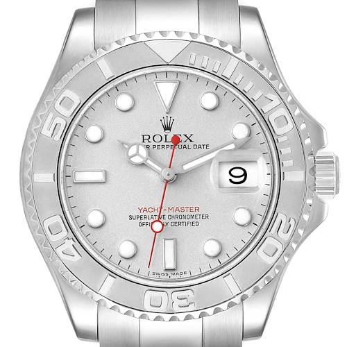 This image shows a front view of the Rolex Yacht-Master 16622 Men's Stainless Steel Silver Dial 16622 Men's Stainless Steel Silver Dial watch, highlighting its face, bezel, and part of the bracelet.