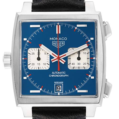 This image displays the square dial and face of a Tag Heuer Monaco CAW211P Men's Stainless Steel Blue Dial CAW211P Men's Stainless Steel Blue Dial watch, showing its blue chronograph and subdials.