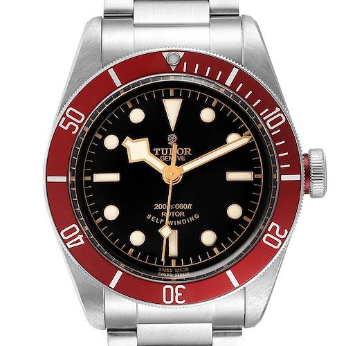 The image shows a front view of the Tudor Heritage Black Bay 79220R Men's Stainless Steel Black Dial 79220R Men's Stainless Steel Black Dial watch, highlighting its dial, bezel, and part of the bracelet.