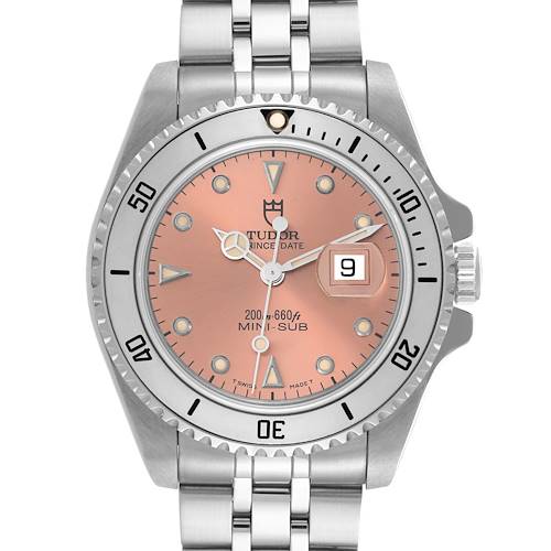 The image shows a front view of the Tudor Prince Mini-Sub watch, displaying its dial, bezel, bracelet, and date function.