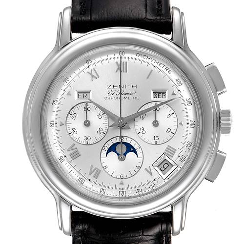 The image shows a frontal view of the Zenith Chronomaster 01.0240.410 Men's Stainless Steel Silver Dial 01.0240.410 Men's Stainless Steel Silver Dial watch, highlighting its dials, pushers, and leather strap.