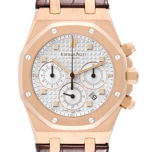 The image shows a front view of the Audemars Piguet Royal Oak 26022OR.OO.D088CR.01 Men's Rose Gold Silver Dial 26022OR.OO.D088CR.01 Men's Rose Gold Silver Dial watch, featuring its dial, subdials, crown, and part of the strap.