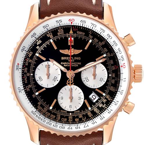 The image shows a front view of a Breitling Navitimer RB0121 Men's Rose Gold Black Dial RB0121 Men's Rose Gold Black Dial watch, highlighting its dial, subdials, bezel, crown, and strap.