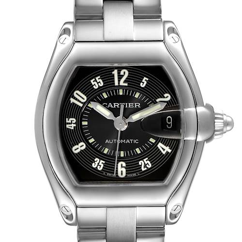 The image shows a close-up of the Cartier Roadster W62004V3 Men's Stainless Steel Black Dial W62004V3 Men's Stainless Steel Black Dial watch, highlighting the dial, bezel, crown, and part of the bracelet.