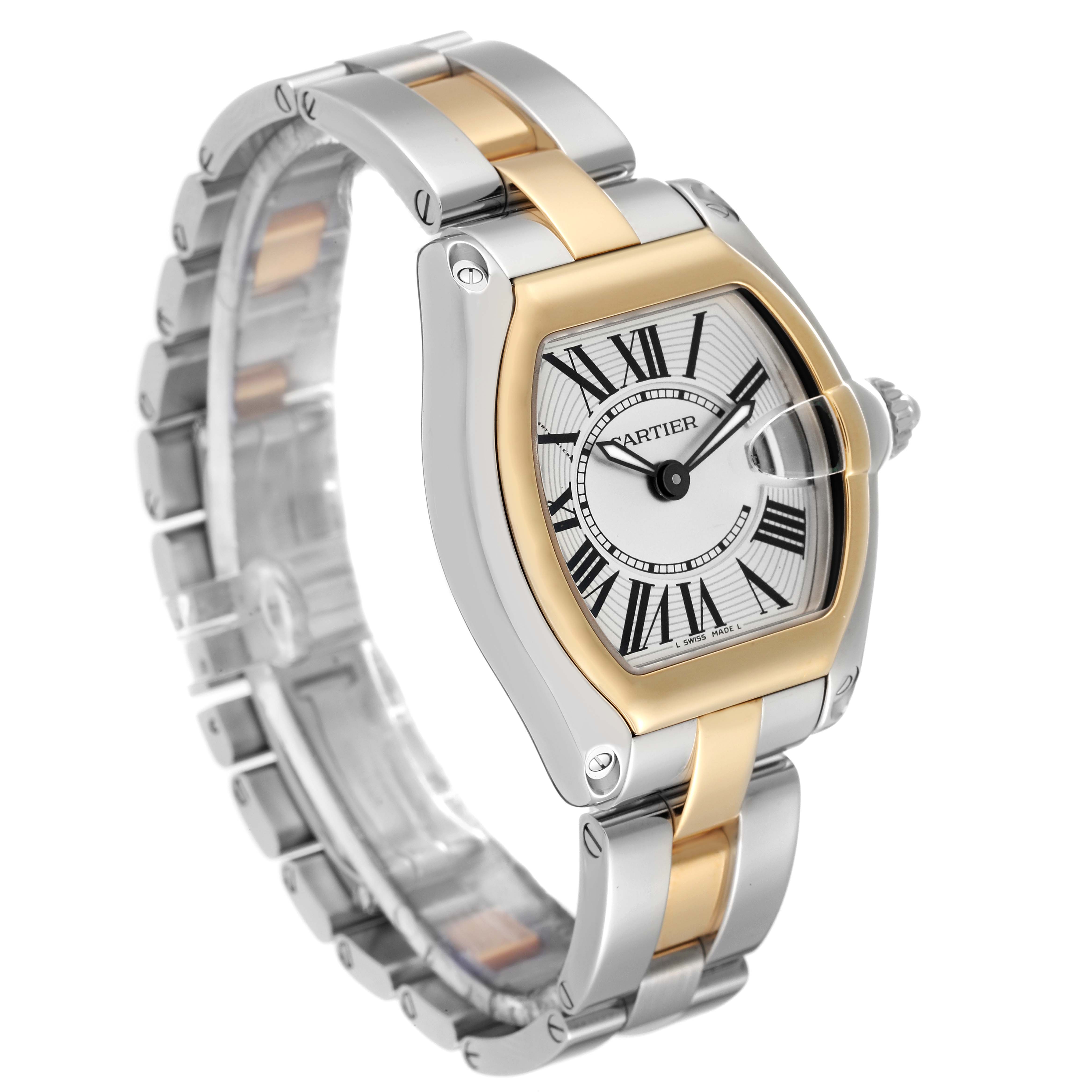 The image shows a Cartier Roadster W62026Y4 Women's Steel and Gold (two tone) Silver Dial W62026Y4 Women's Steel and Gold (two tone) Silver Dial watch at a three-quarter angle, highlighting its two-tone metal band, case, and dial with Roman numerals.