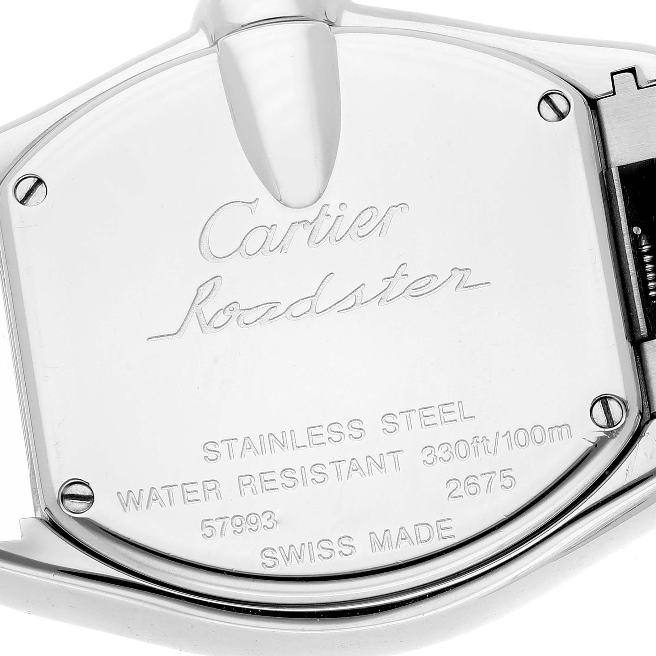 The image shows the back case of a Cartier Roadster W62026Y4 Women's Steel and Gold (two tone) Silver Dial W62026Y4 Women's Steel and Gold (two tone) Silver Dial watch, displaying the brand, model, and specifications.