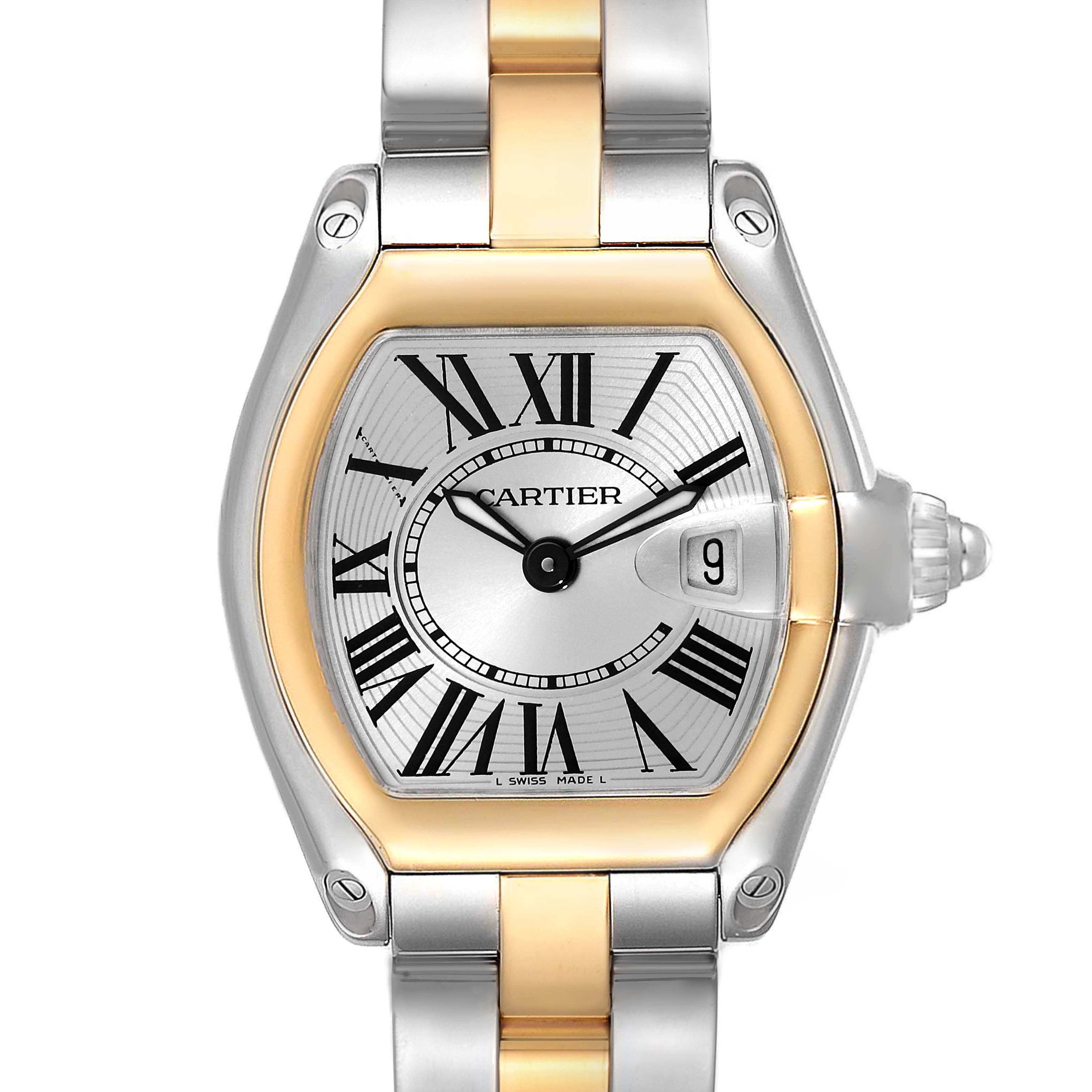 The image shows a close-up, front view of the Cartier Roadster W62026Y4 Women's Steel and Gold (two tone) Silver Dial W62026Y4 Women's Steel and Gold (two tone) Silver Dial watch, highlighting its dial, bezel, and part of the bracelet.