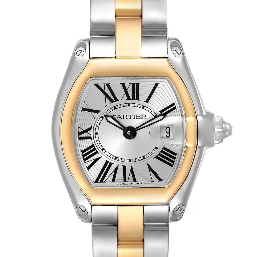 The image shows a close-up, front view of the Cartier Roadster W62026Y4 Women's Steel and Gold (two tone) Silver Dial W62026Y4 Women's Steel and Gold (two tone) Silver Dial watch, highlighting its dial, bezel, and part of the bracelet.