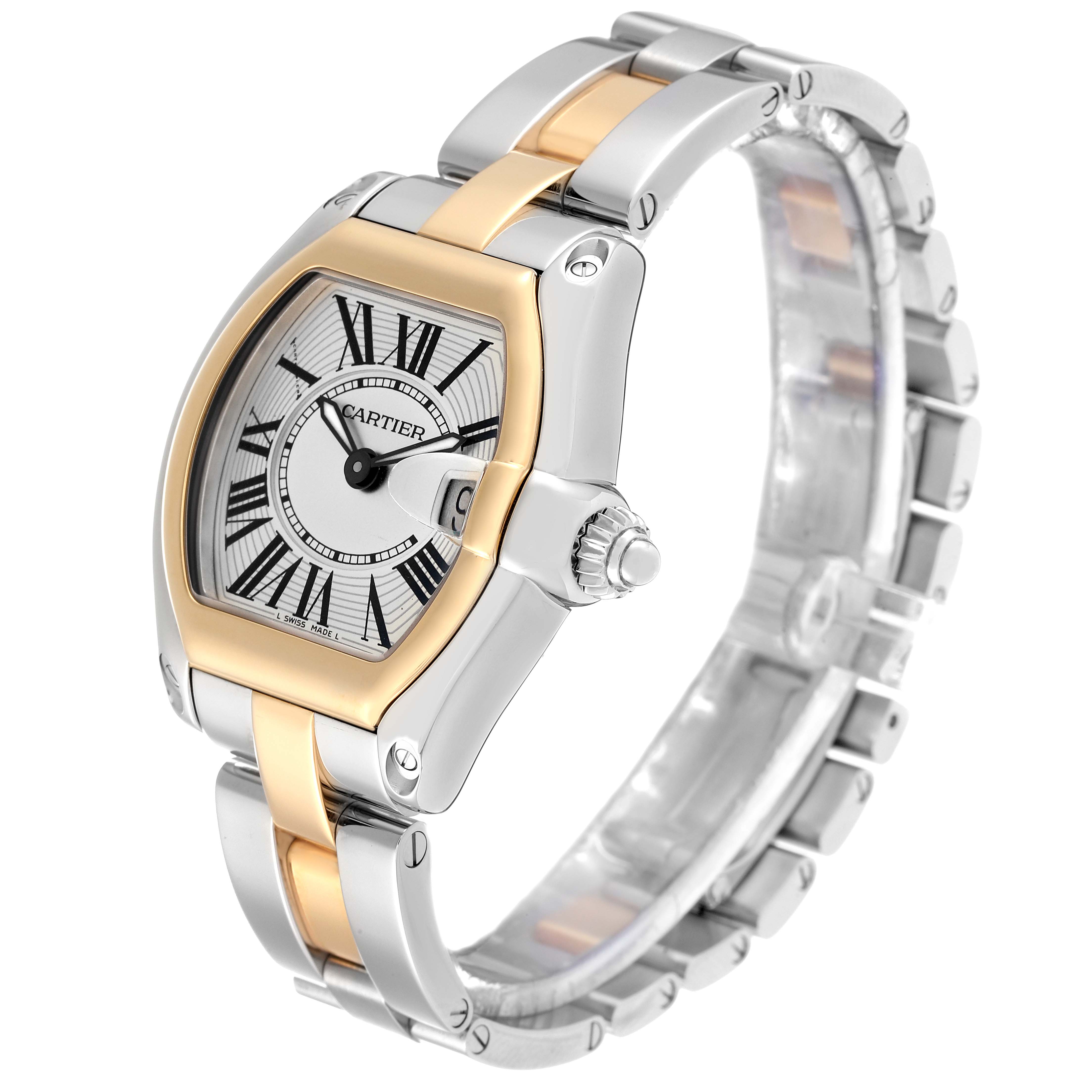 The Cartier Roadster W62026Y4 Women's Steel and Gold (two tone) Silver Dial W62026Y4 Women's Steel and Gold (two tone) Silver Dial watch is shown at a slight angle, displaying the face, crown, and metal bracelet.