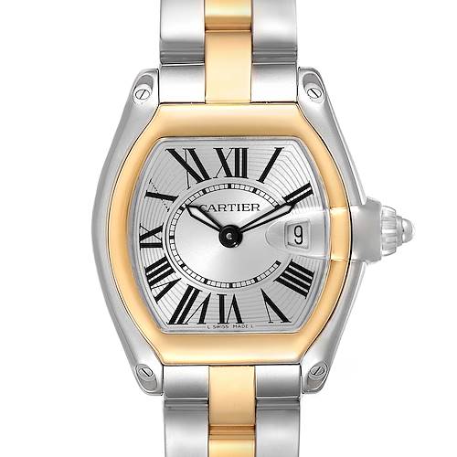 The image shows a front view of a Cartier Roadster W62026Y4 Women's Steel and Gold (two tone) Silver Dial W62026Y4 Women's Steel and Gold (two tone) Silver Dial watch, showcasing its dial, bezel, and bracelet.