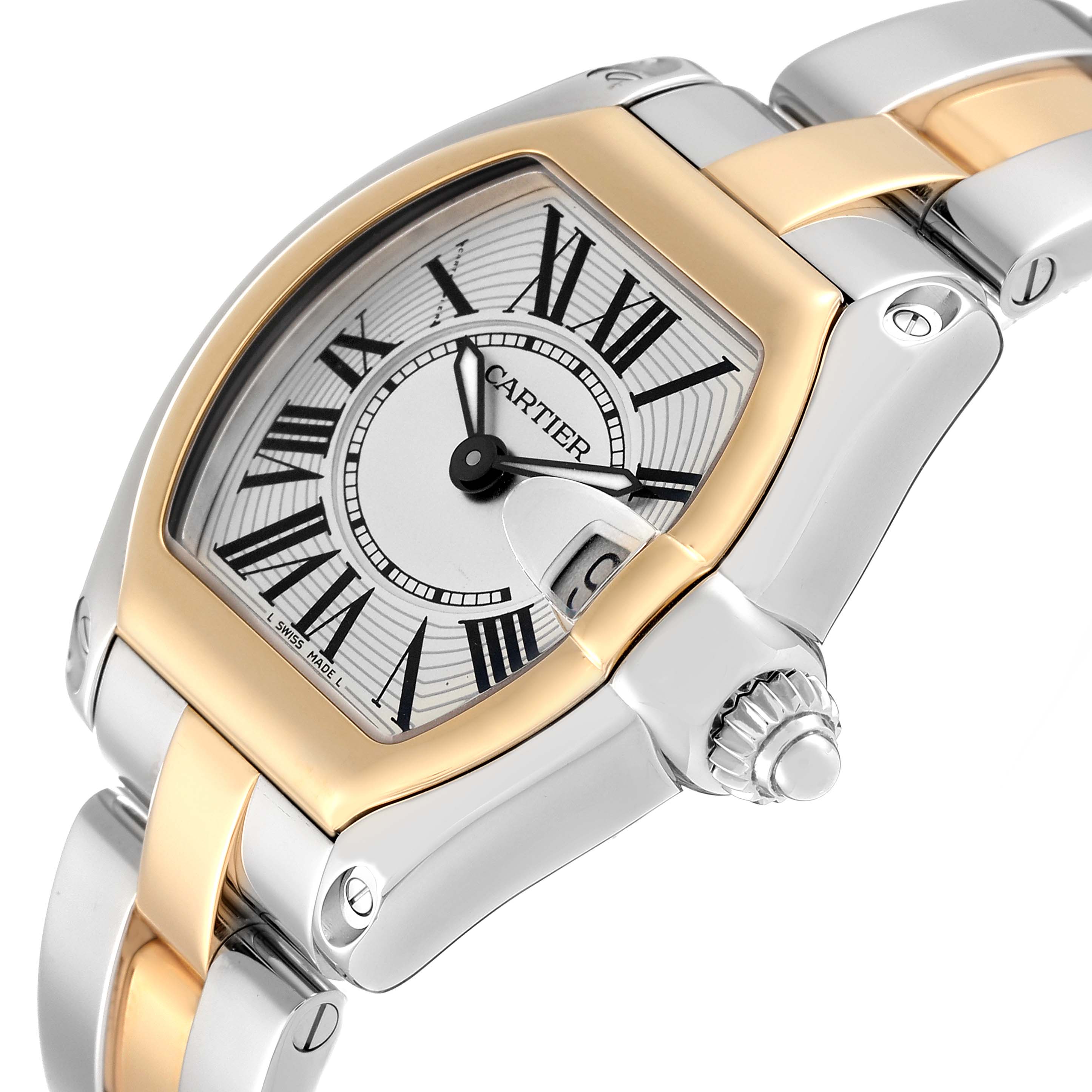 This image shows a close-up side angle of the Cartier Roadster W62026Y4 Women's Steel and Gold (two tone) Silver Dial W62026Y4 Women's Steel and Gold (two tone) Silver Dial watch, highlighting the face and part of the bracelet.