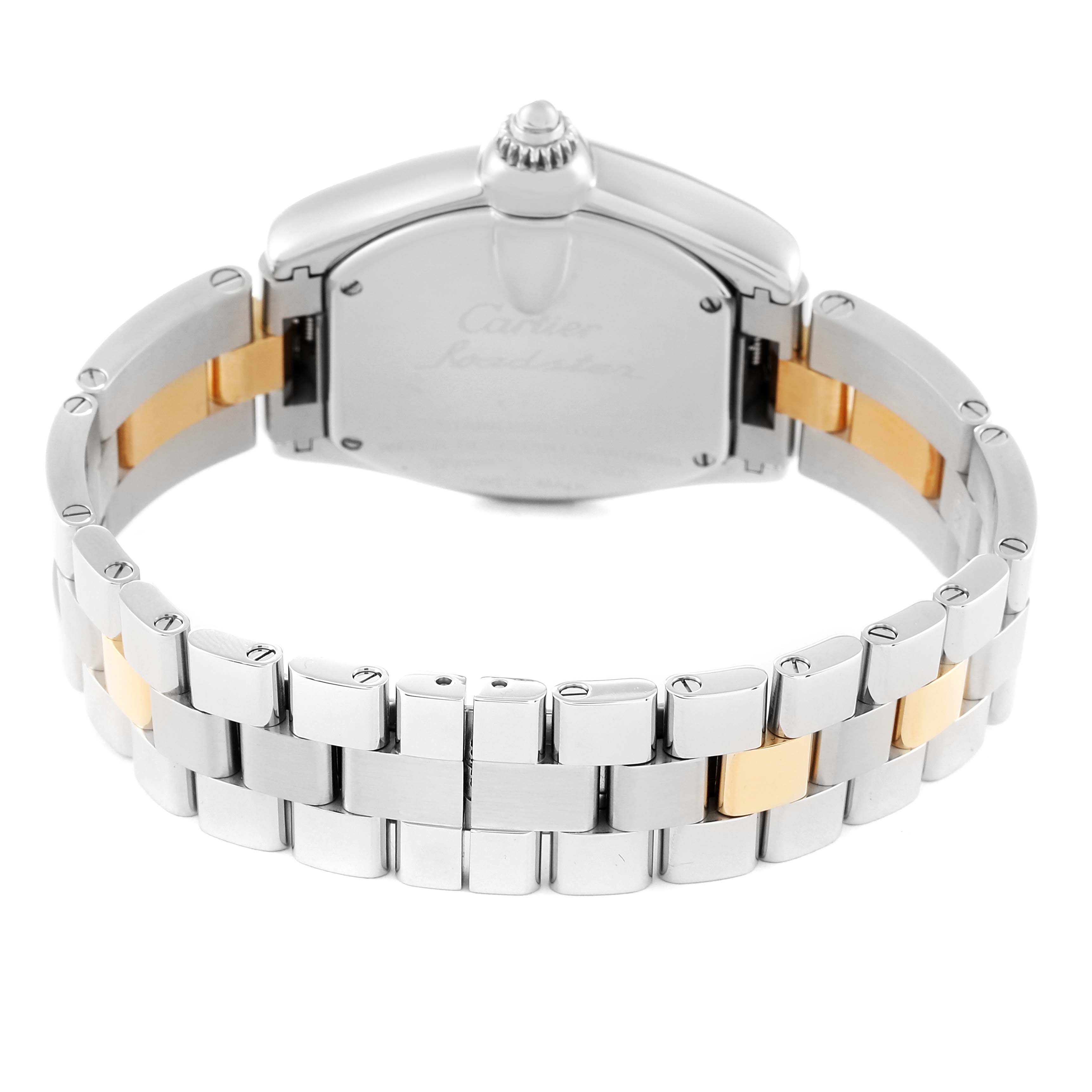 This image shows the back view of the Cartier Roadster W62026Y4 Women's Steel and Gold (two tone) Silver Dial W62026Y4 Women's Steel and Gold (two tone) Silver Dial watch, highlighting the clasp and bracelet.