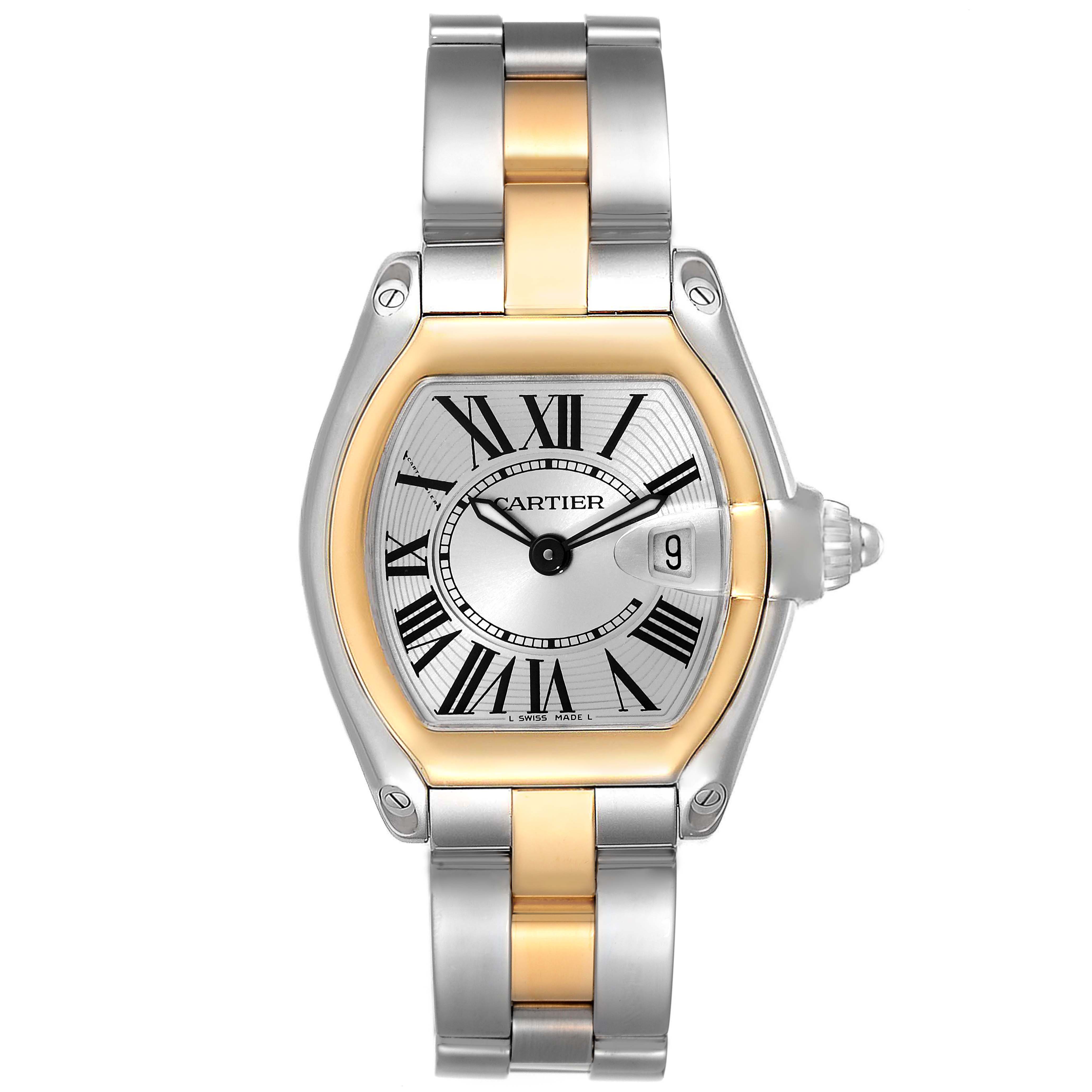 The image shows a Cartier Roadster W62026Y4 Women's Steel and Gold (two tone) Silver Dial W62026Y4 Women's Steel and Gold (two tone) Silver Dial watch viewed from the front, highlighting the dial, case, bracelet, and crown.