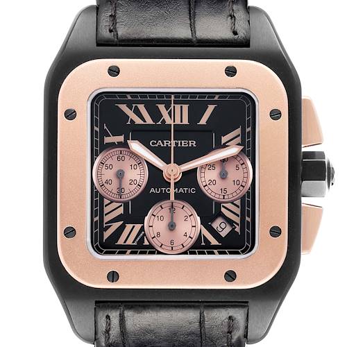 The Cartier Santos W2020004 Men's Titanium Black Dial watch is shown from the front, highlighting its black and pink dial, subdials, and leather strap.