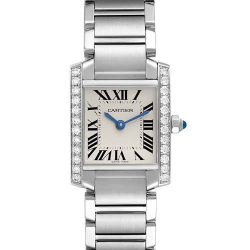 This is a Cartier Tank Francaise W4TA0008 Women's Stainless Steel Silver Dial W4TA0008 Women's Stainless Steel Silver Dial watch, shown from the front, highlighting the rectangular face with Roman numerals and metal band.