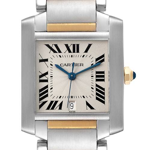 The image shows a front view of the Cartier Tank Francaise W51005Q4 Men's Steel and Gold (two tone) Silver Dial W51005Q4 Men's Steel and Gold (two tone) Silver Dial watch, highlighting its face, hands, and part of the bracelet.
