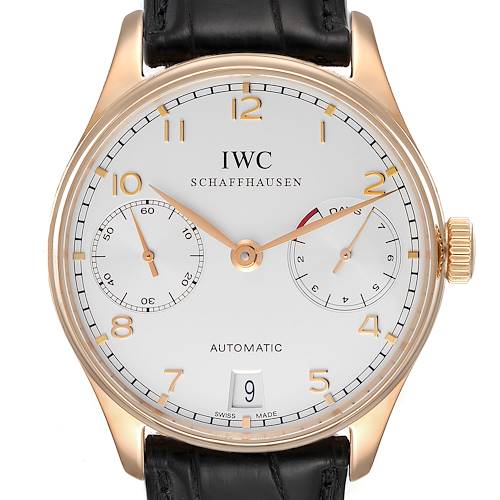 The image shows a front view of an IWC Portuguese IW500004 Men's Rose Gold Silver Dial IW500004 Men's Rose Gold Silver Dial model watch, highlighting the dial, hands, subdials, date window, and crown.