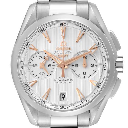 The image shows the front view of an Omega Aqua Terra 231.10.43.52.02.001 Men's Stainless Steel Silver Dial 231.10.43.52.02.001 Men's Stainless Steel Silver Dial watch, displaying its dial, hands, subdials, date window, and part of the stainless steel bracelet.