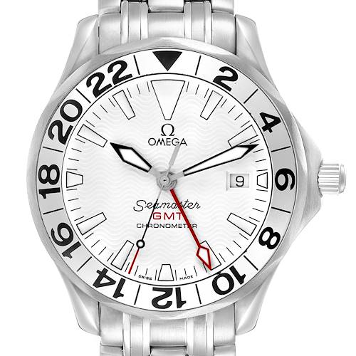 The Omega Seamaster 2538.20.00 Men's Stainless Steel White Dial watch is shown from a top view, displaying the face, dial, and part of the bracelet.