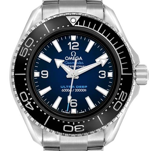 The Omega Planet Ocean 215.30.46.21.03.001 Men's Stainless Steel Blue Dial watch is shown from a front angle, highlighting its blue dial, bezel, and metal bracelet.