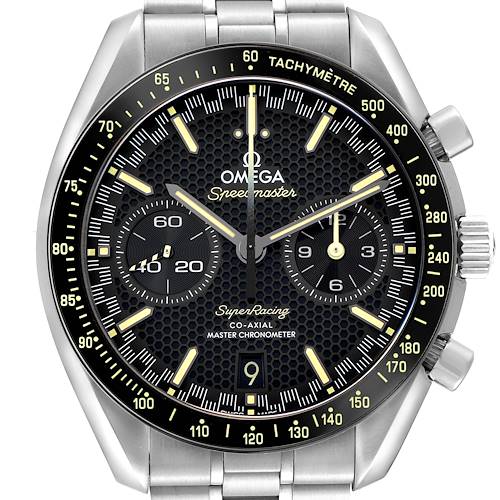 The Omega Speedmaster 329.30.44.51.01.003 Men's Stainless Steel Black Dial watch is shown from a front angle, highlighting the dial, bezel, and pushers.