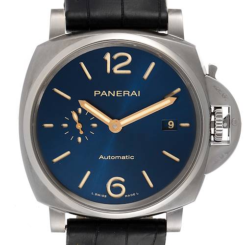 The image displays a frontal view of a Panerai Luminor Due PAM00927 Men's Titanium Blue Dial PAM00927 Men's Titanium Blue Dial watch, highlighting the blue dial, time markers, date window, and crown guard.