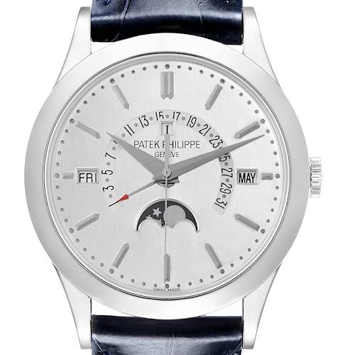 The Patek Philippe Complications 5496P-004 Men's Platinum Silver Dial watch is shown from the front, displaying the full face and various complications.