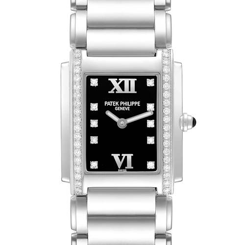 The Patek Philippe Twenty-4 4910 Women's Stainless Steel Black Dial watch is shown from a front angle, highlighting its black dial, diamond markers, and silver bracelet.