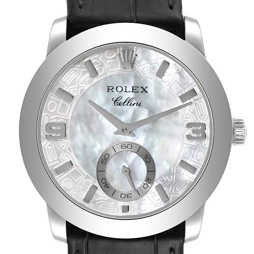 This is a close-up frontal view of the Rolex Cellini 5240 Men's Platinum Mother of Pearl Dial 5240 Men's Platinum Mother of Pearl Dial watch, showing the dial, hands, crown, and part of the leather strap.