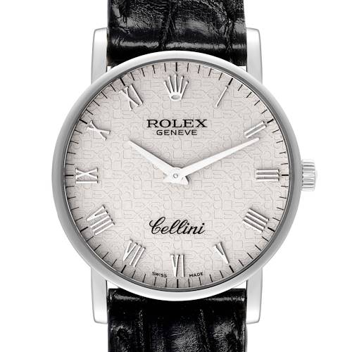 The Rolex Cellini 5115/9 Men's White Gold Silver Dial 5115/9 Men's White Gold Silver Dial watch is shown from the front, displaying the face, hands, Roman numerals, and part of the leather strap.