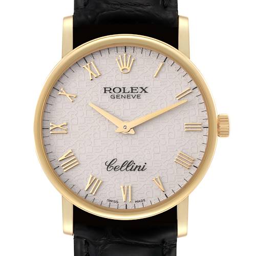 This image shows a front view of a Rolex Cellini 5115 Men's Yellow Gold Beige Dial 5115 Men's Yellow Gold Beige Dial watch, featuring its dial, hands, and part of the leather strap.