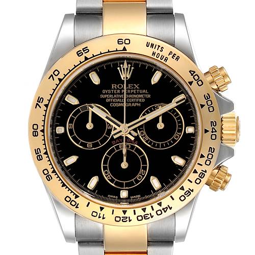 This image shows a front view of the Rolex Daytona 116503 Men's Steel and Gold (two tone) Black Dial 116503 Men's Steel and Gold (two tone) Black Dial watch, highlighting its black dial, gold bezel, and chronograph subdials.