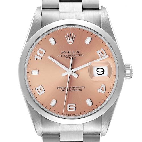 This image showcases a front view of a Rolex Date 15200 Men's Stainless Steel Pink Dial 15200 Men's Stainless Steel Pink Dial model watch, focusing on the dial, bezel, crown, and part of the bracelet.