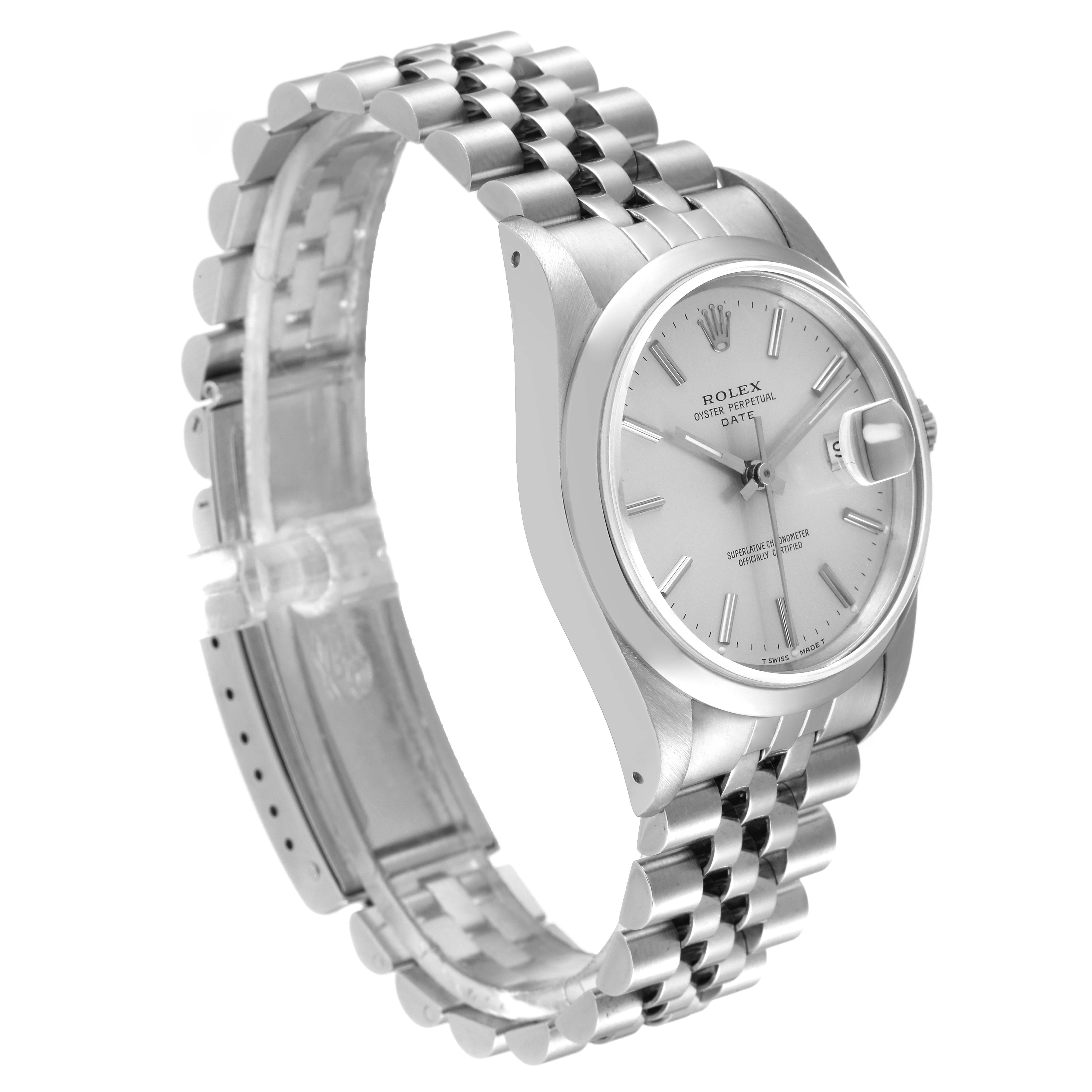 This image shows a Rolex Date 15200 Men's Stainless Steel Silver Dial 15200 Men's Stainless Steel Silver Dial model watch at a three-quarter angle, displaying its face, bracelet, and partially open clasp.