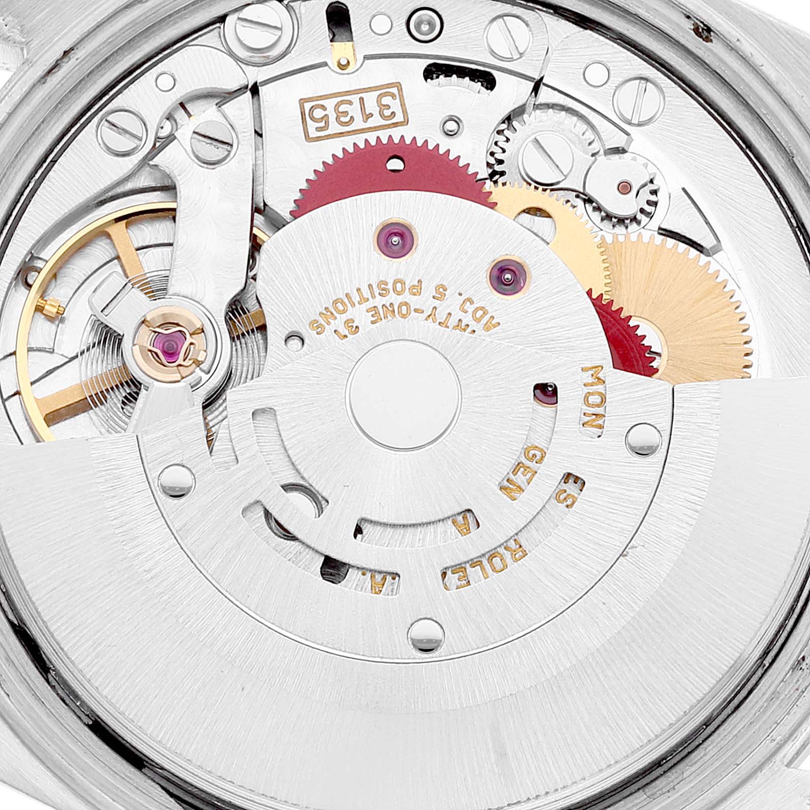 This close-up image shows the intricate inner mechanical movement of a Rolex Date 15200 Men's Stainless Steel Silver Dial 15200 Men's Stainless Steel Silver Dial model watch.