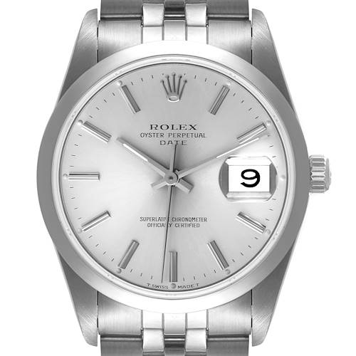 The image shows a front view of a Rolex Date 15200 Men's Stainless Steel Silver Dial 15200 Men's Stainless Steel Silver Dial model watch, highlighting its dial, date window, and part of the bracelet.
