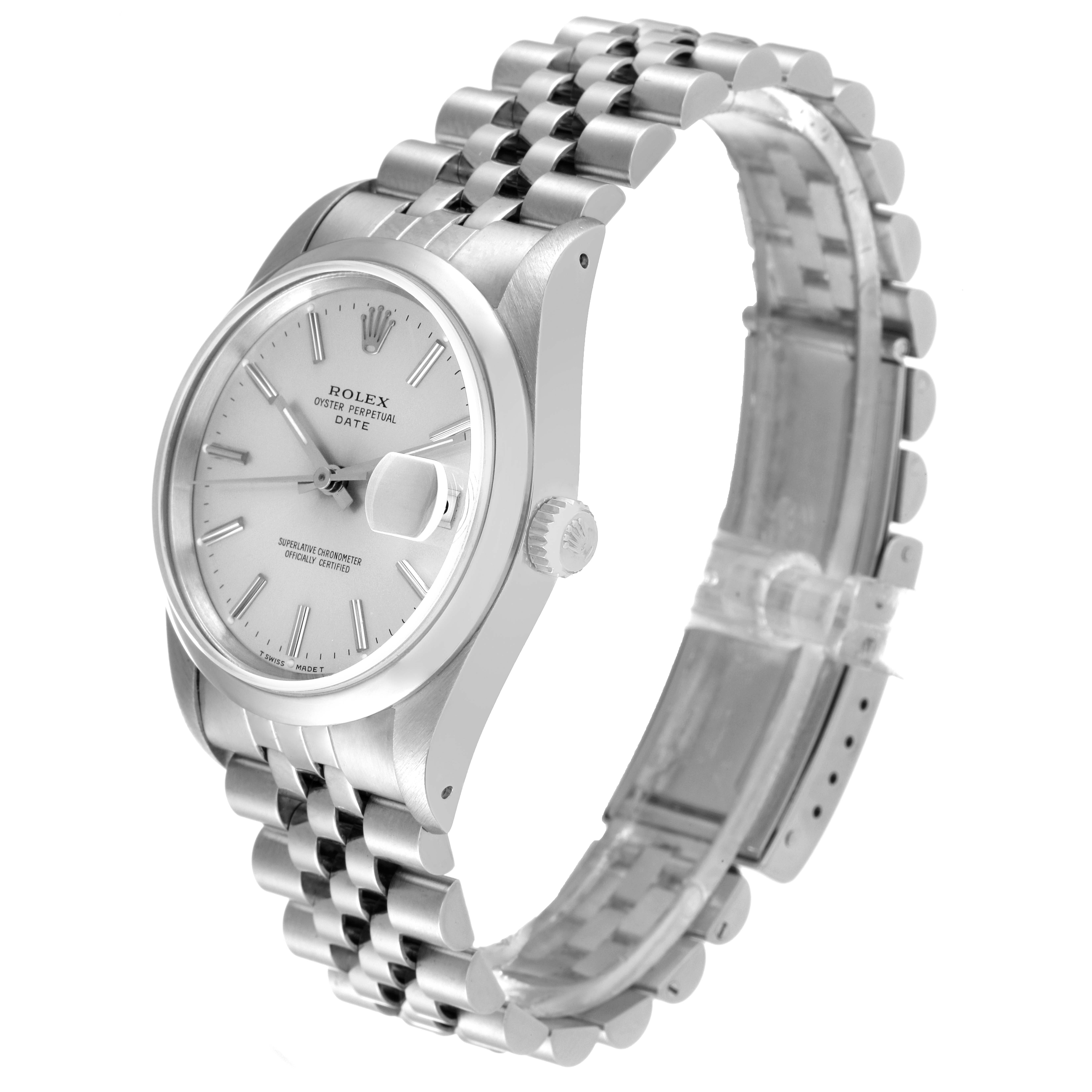 This image shows a side angle of a Rolex Date 15200 Men's Stainless Steel Silver Dial 15200 Men's Stainless Steel Silver Dial model watch, highlighting the case, dial, crown, and bracelet.