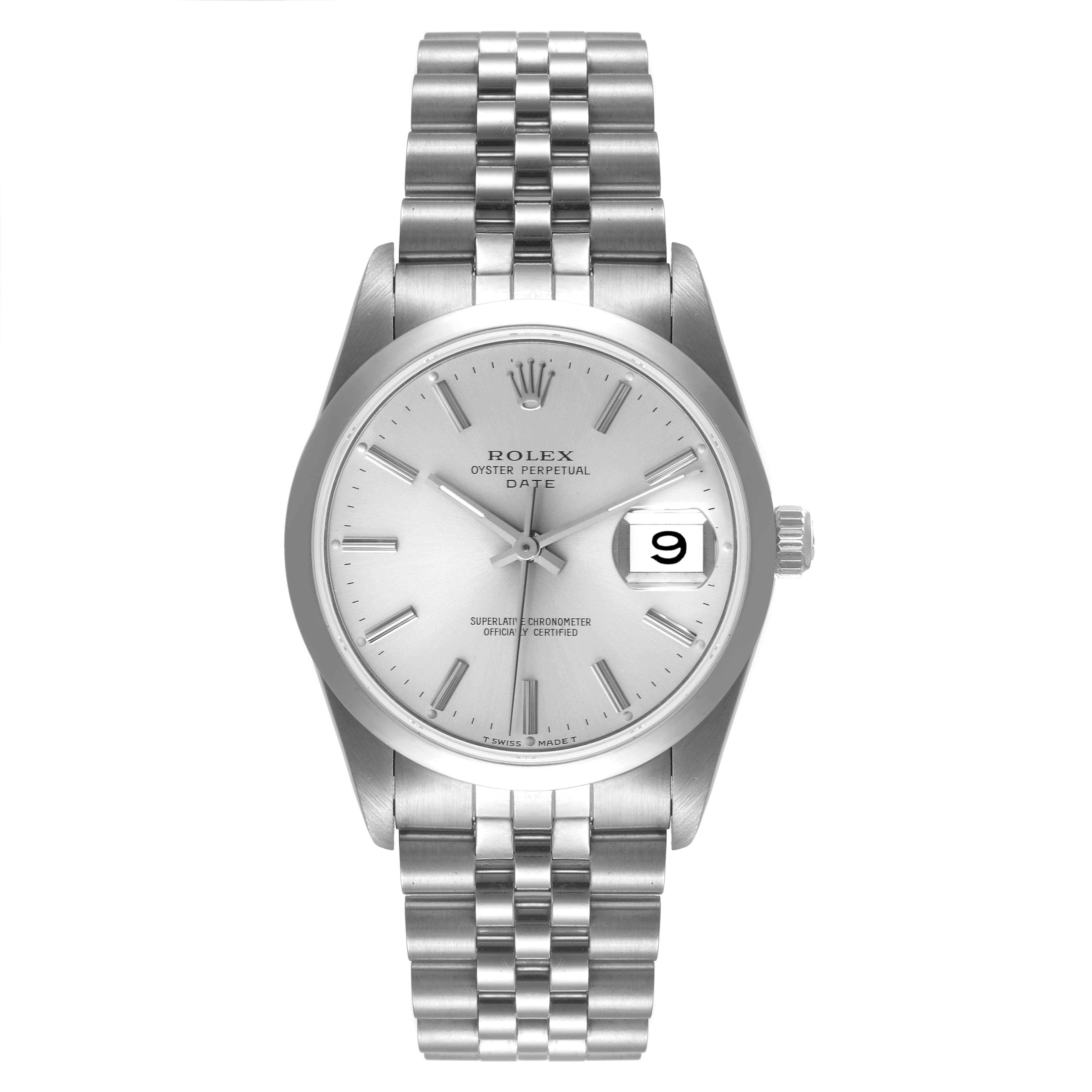 The image shows a full front view of a Rolex Date 15200 Men's Stainless Steel Silver Dial 15200 Men's Stainless Steel Silver Dial watch, displaying the dial, markers, hands, bracelet, and date window.