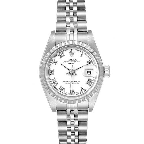 The image shows a front view of the Rolex Date 79240 Women's Stainless Steel White Dial 79240 Women's Stainless Steel White Dial model watch, displaying the dial, bezel, crown, and bracelet.