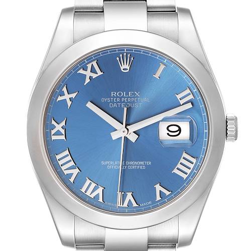 This Rolex Datejust 41 116300 Men's Stainless Steel Blue Dial 116300 Men's Stainless Steel Blue Dial watch is shown from the front, displaying its blue dial, Roman numerals, and date window.