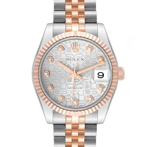 The image shows a front view of a Rolex Mid-Size 178271 Women's Steel and Gold (two tone) Silver Dial 178271 Women's Steel and Gold (two tone) Silver Dial Datejust watch featuring a silver dial, diamond hour markers, and a bimetallic bracelet.