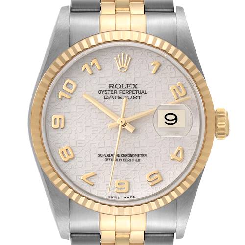 The image shows a Rolex Datejust 16233 Men's Steel and Gold (two tone) Beige Dial 16233 Men's Steel and Gold (two tone) Beige Dial watch from the front, highlighting the dial, bezel, crown, and part of the bracelet.