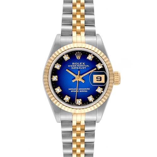 This image shows the front view of a Rolex Datejust 69173 Women's Steel and Gold (two tone) Blue Dial 69173 Women's Steel and Gold (two tone) Blue Dial watch, highlighting its blue dial, diamond hour markers, and two-tone bracelet.