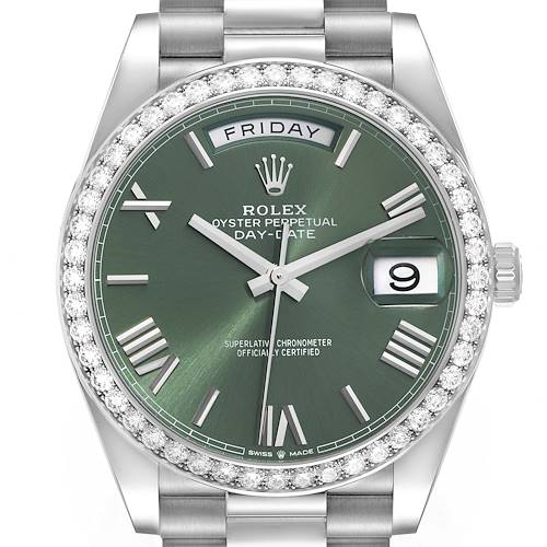 This image shows a front view of the Rolex President 228349RBR Men's White Gold Green Dial 228349RBR Men's White Gold Green Dial model watch, featuring a green dial, diamond bezel, and day-date display.