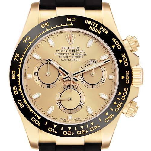 The Rolex Daytona 116518LN Men's Yellow Gold Champagne Dial watch is shown from a frontal angle, highlighting the dial, bezel, and crown.