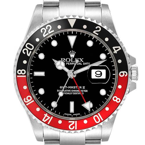 This image shows a front view of a Rolex GMT-Master 16710 Men's Stainless Steel Black Dial 16710 Men's Stainless Steel Black Dial II watch, highlighting its black and red bezel, black dial, and date window.
