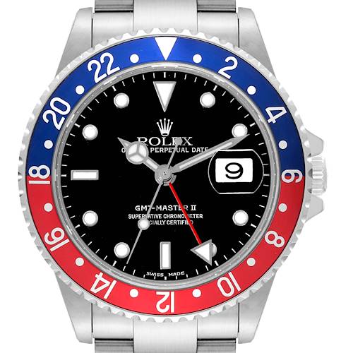 This Rolex GMT-Master 16710 Men's Stainless Steel Black Dial 16710 Men's Stainless Steel Black Dial II watch is shown from the front, highlighting its bezel, dial, date window, and hands.