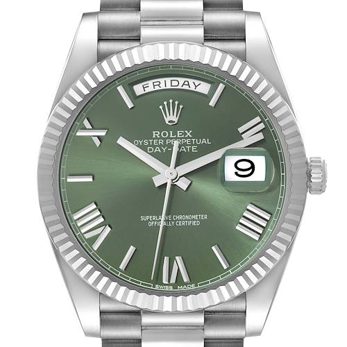 This image shows a front view of the Rolex President 228239 Men's White Gold Green Dial 228239 Men's White Gold Green Dial Oyster Perpetual Day-Date watch, highlighting its green dial and day-date display.
